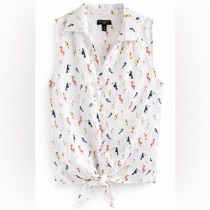 Talbots 100% Linen Bird Print Sleeveless Blouse Tie Front Summer Top